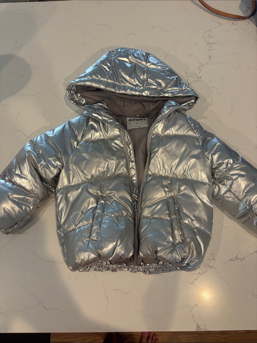 Old Navy Metallic Silver Hooded Puffer Jacket - 3T